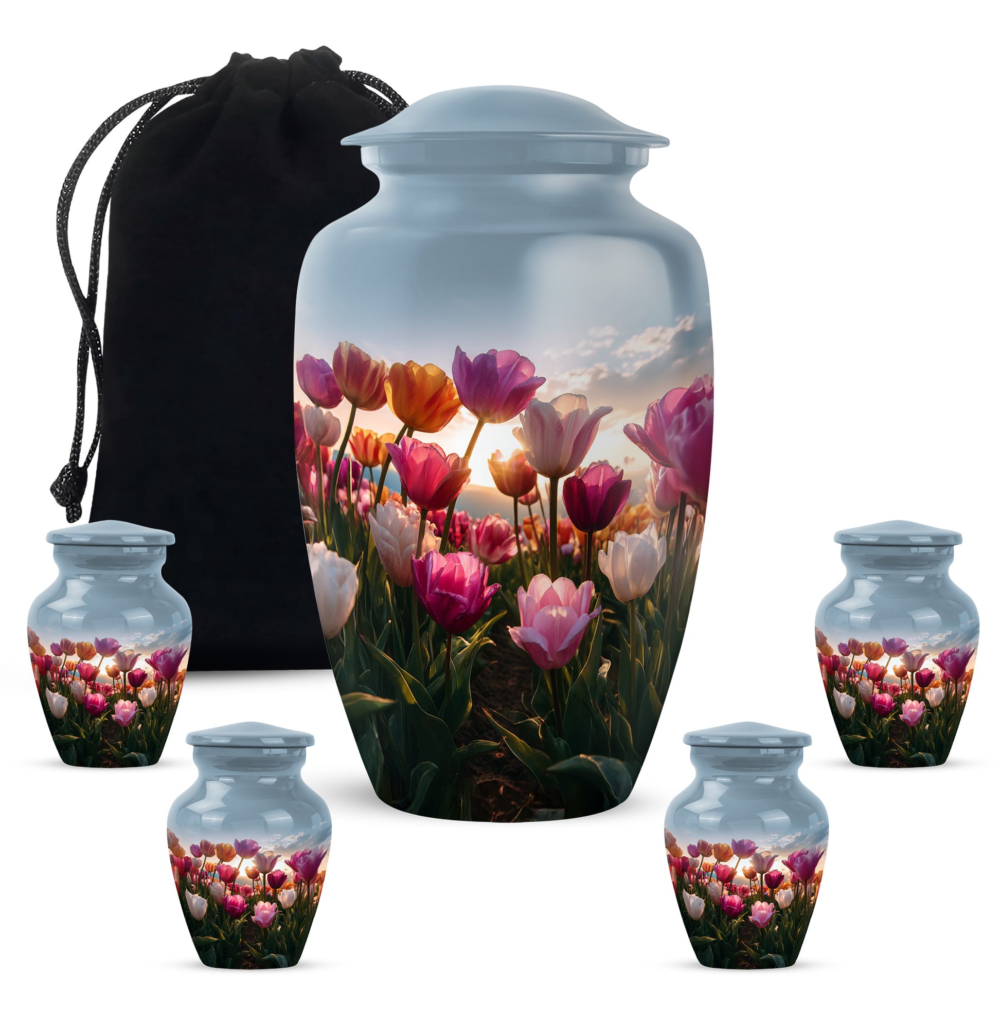 Bright Blue Garden Tulip Cremation Urn top-down view of secure threaded lid - elegant classic garden tulip relief with fine detailing - memorial set with one large and four small urns