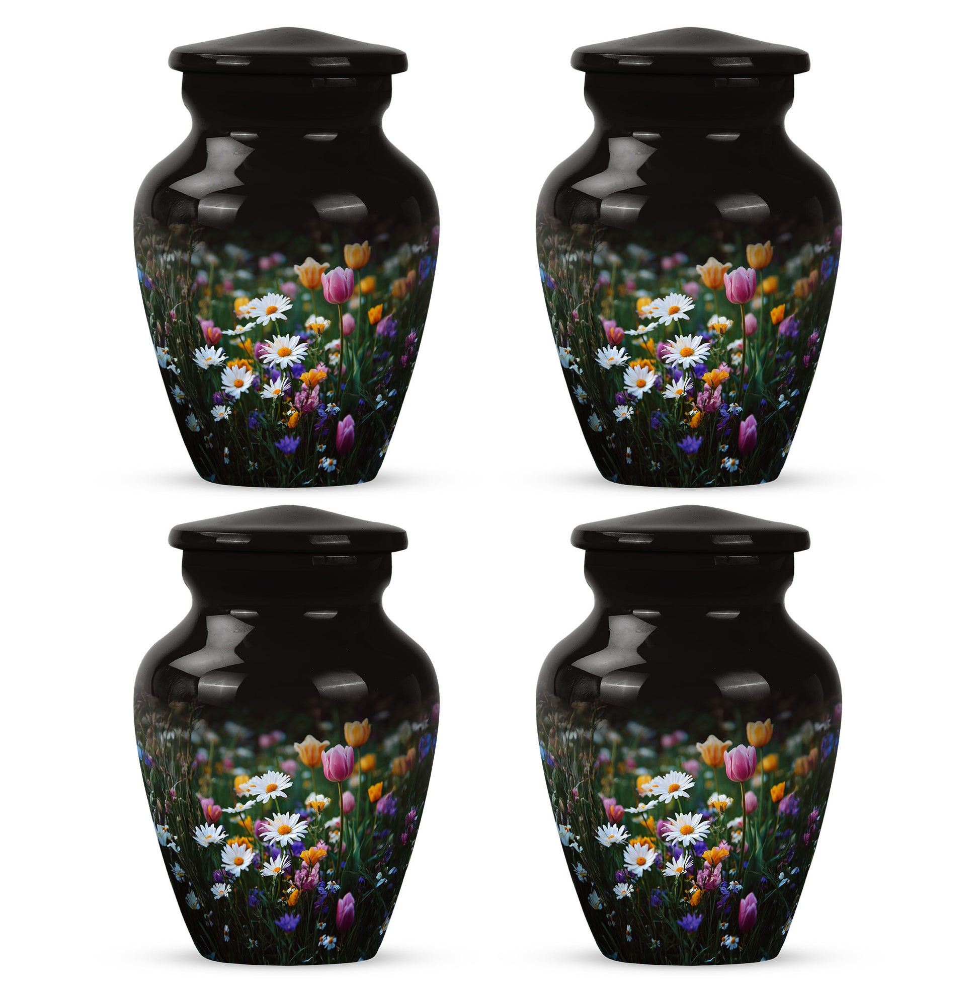 Deep Black Garden Tulip Cremation Urn side profile showing urn shape - classic sculpted garden tulip pattern on smooth aluminum - 10 inch aluminum urn for cremated remains