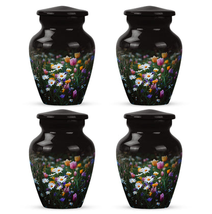 Deep Black Garden Tulip Cremation Urn side profile showing urn shape - classic sculpted garden tulip pattern on smooth aluminum - 10 inch aluminum urn for cremated remains