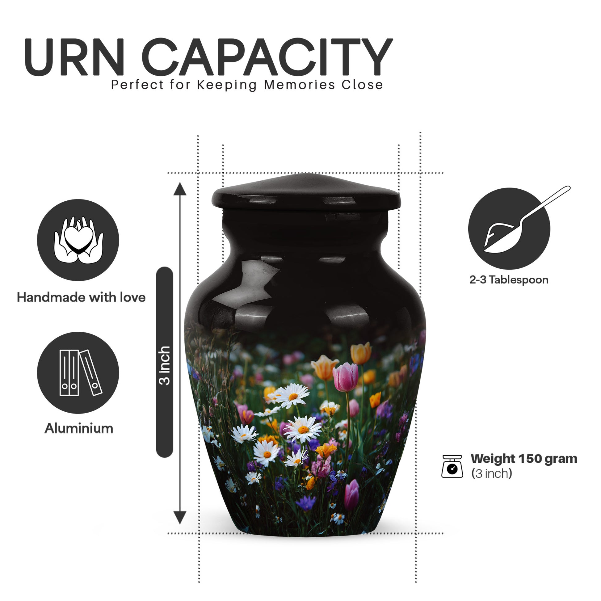 Midnight Black Garden Tulip Cremation Urn close-up of engraving and surface detail - elegant classic garden tulip relief with fine detailing - mini keepsake memorial for portion of cremation ashes