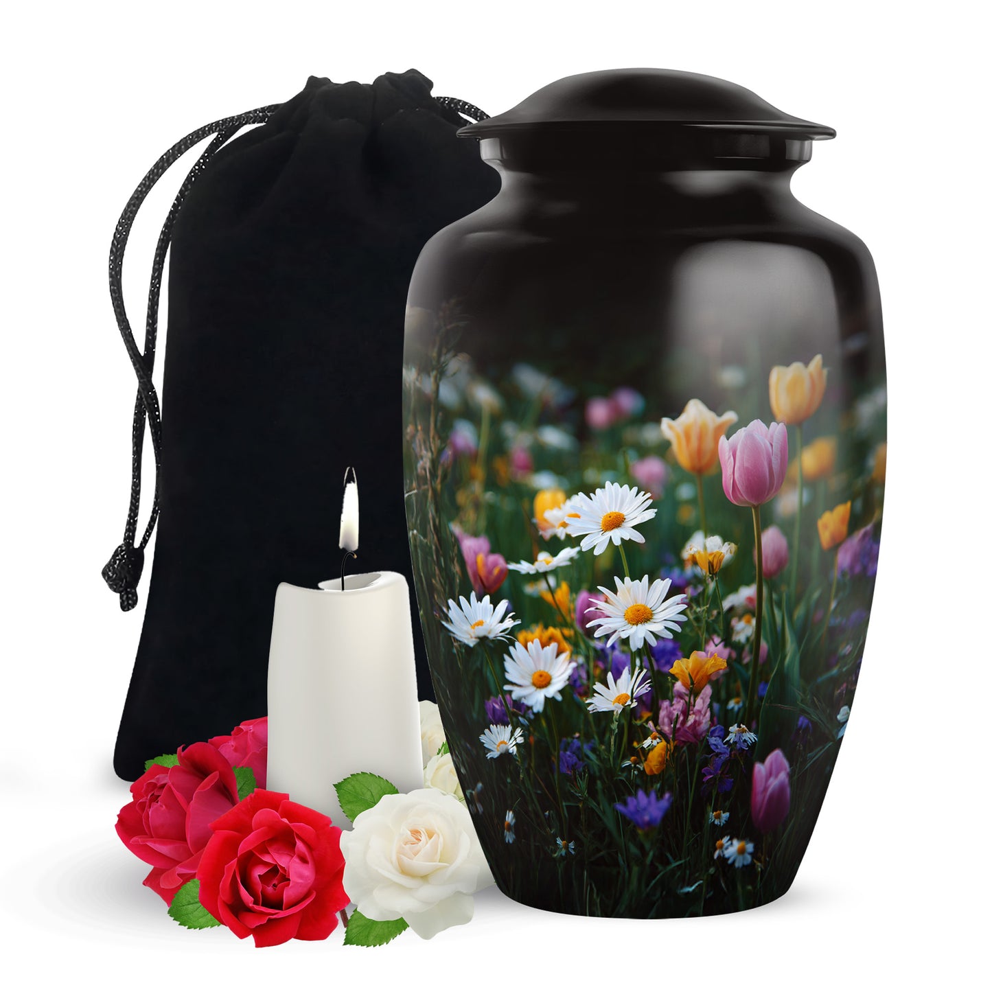 Midnight Black Garden Tulip Cremation Urn angled view of lid and engraved motif - elegant classic garden tulip relief with fine detailing - full-size 10 inch 200 cubic inch adult cremation urn