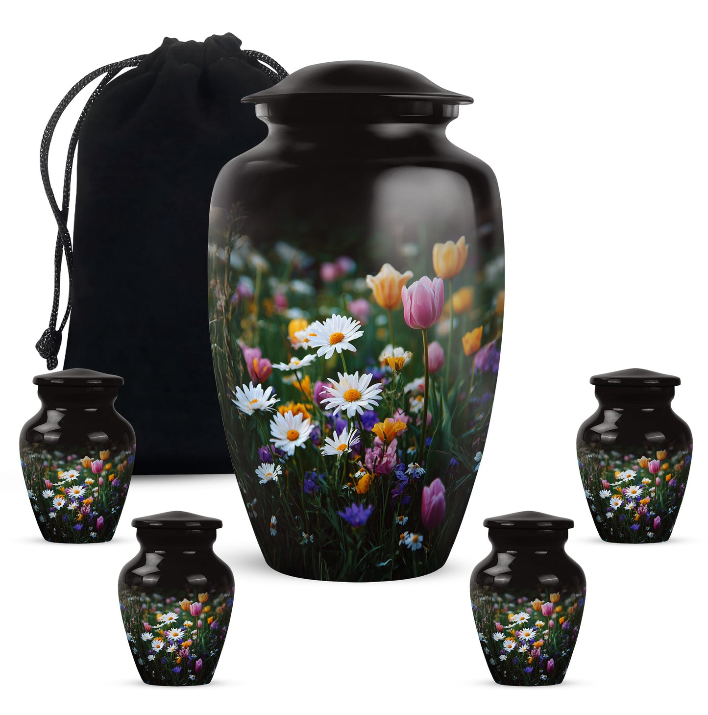 Obsidian Black Garden Tulip Cremation Urn top-down view of secure threaded lid - traditional garden tulip engraving with hand-polished finish - memorial set with one large and four small urns