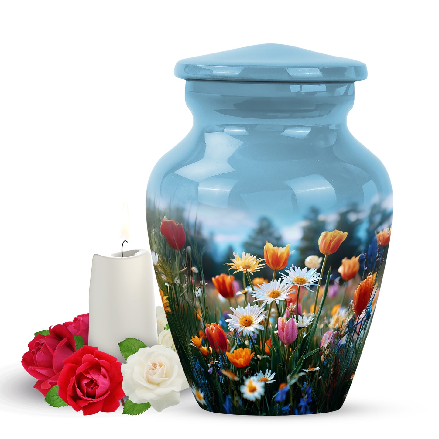 Resplendent Blue Garden Tulip Cremation Urn for Ashes - 10-inch, 200 cu in - Yatskia