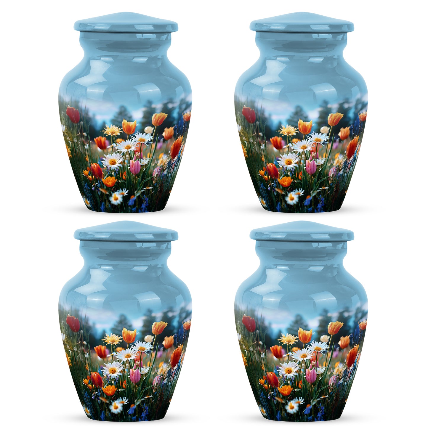 Royal Blue Garden Tulip Cremation Urn side profile showing urn shape - traditional garden tulip engraving with hand-polished finish - 10 inch aluminum urn for cremated remains