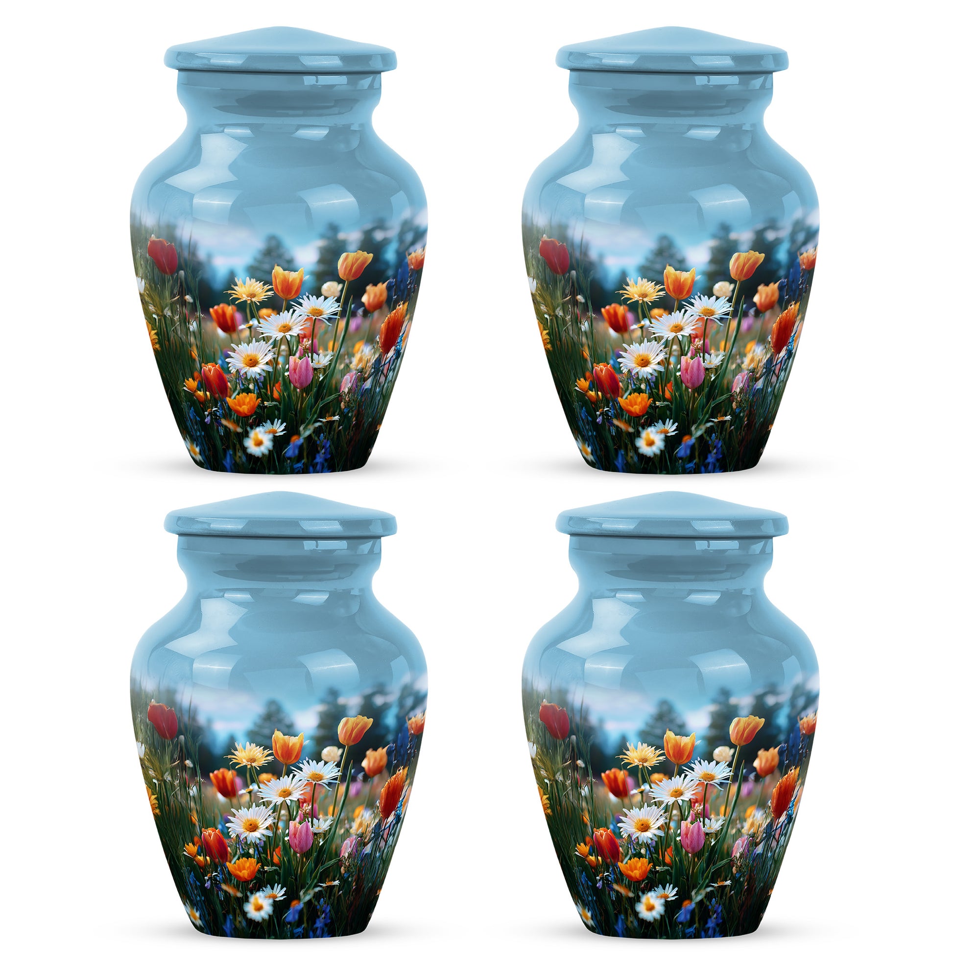 Royal Blue Garden Tulip Cremation Urn side profile showing urn shape - traditional garden tulip engraving with hand-polished finish - 10 inch aluminum urn for cremated remains