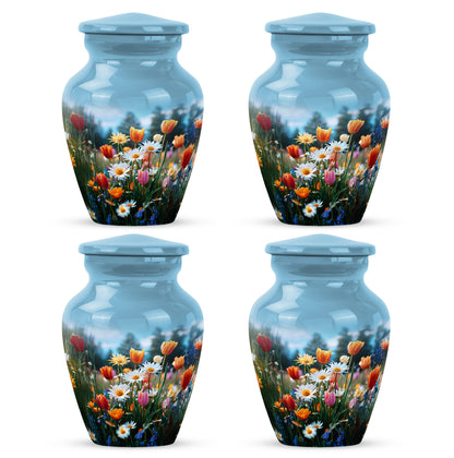 Royal Blue Garden Tulip Cremation Urn side profile showing urn shape - traditional garden tulip engraving with hand-polished finish - 10 inch aluminum urn for cremated remains