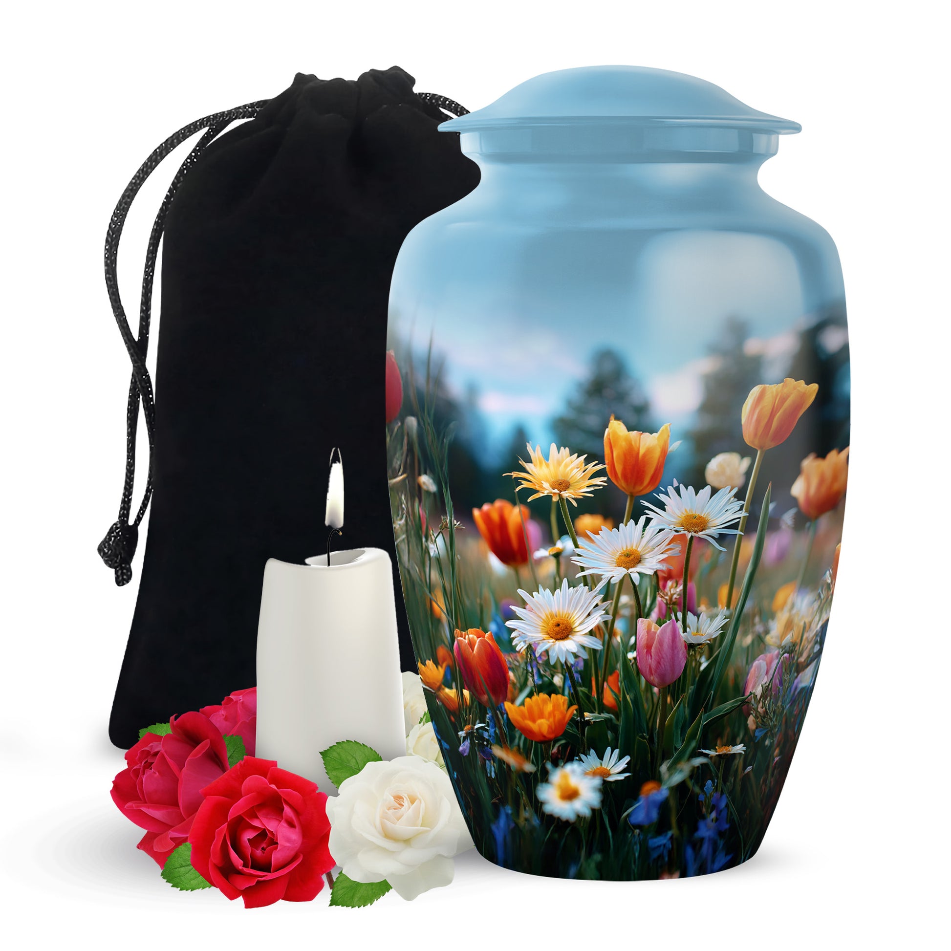 Steel Blue Garden Tulip Cremation Urn angled view of lid and engraved motif - elegant classic garden tulip relief with fine detailing - full-size 10 inch 200 cubic inch adult cremation urn