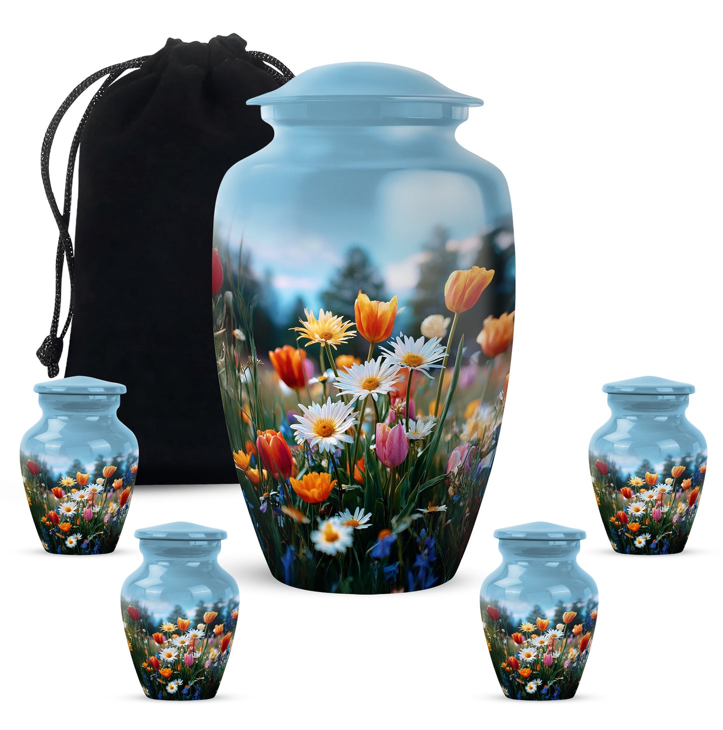Calming Blue Garden Tulip Cremation Urn top-down view of secure threaded lid - traditional garden tulip engraving with hand-polished finish - memorial set with one large and four small urns