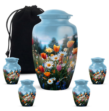 Calming Blue Garden Tulip Cremation Urn top-down view of secure threaded lid - traditional garden tulip engraving with hand-polished finish - memorial set with one large and four small urns