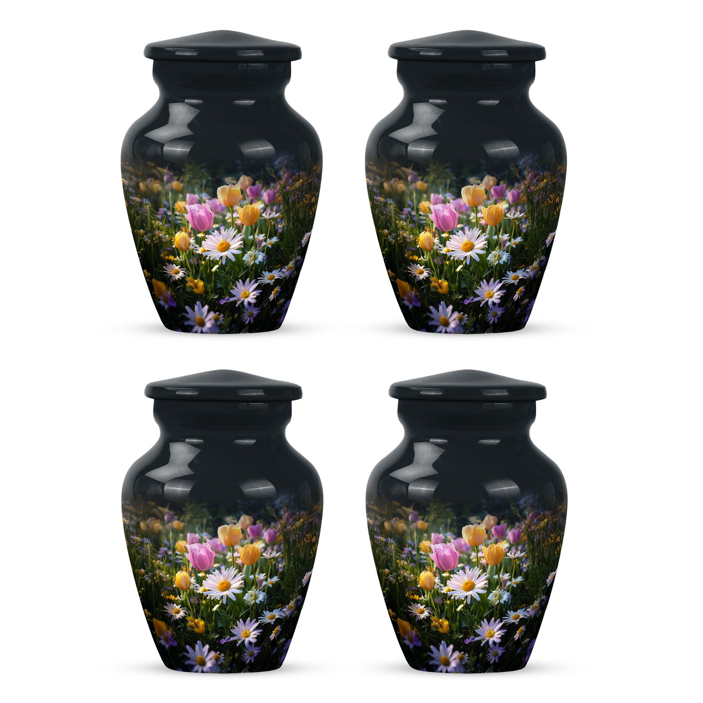 Glossy Black Garden Tulip Cremation Urn side profile showing urn shape - timeless garden tulip motif etched into premium metal - 10 inch aluminum urn for cremated remains