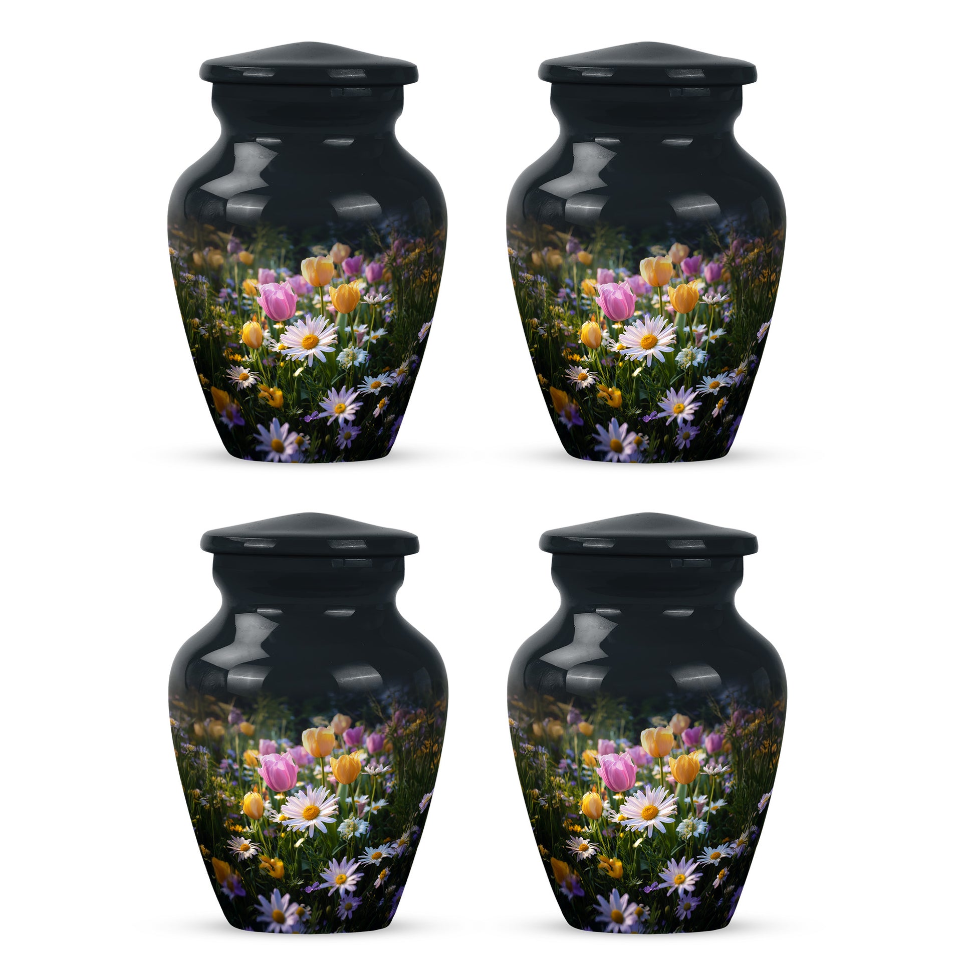 Glossy Black Garden Tulip Cremation Urn side profile showing urn shape - timeless garden tulip motif etched into premium metal - 10 inch aluminum urn for cremated remains