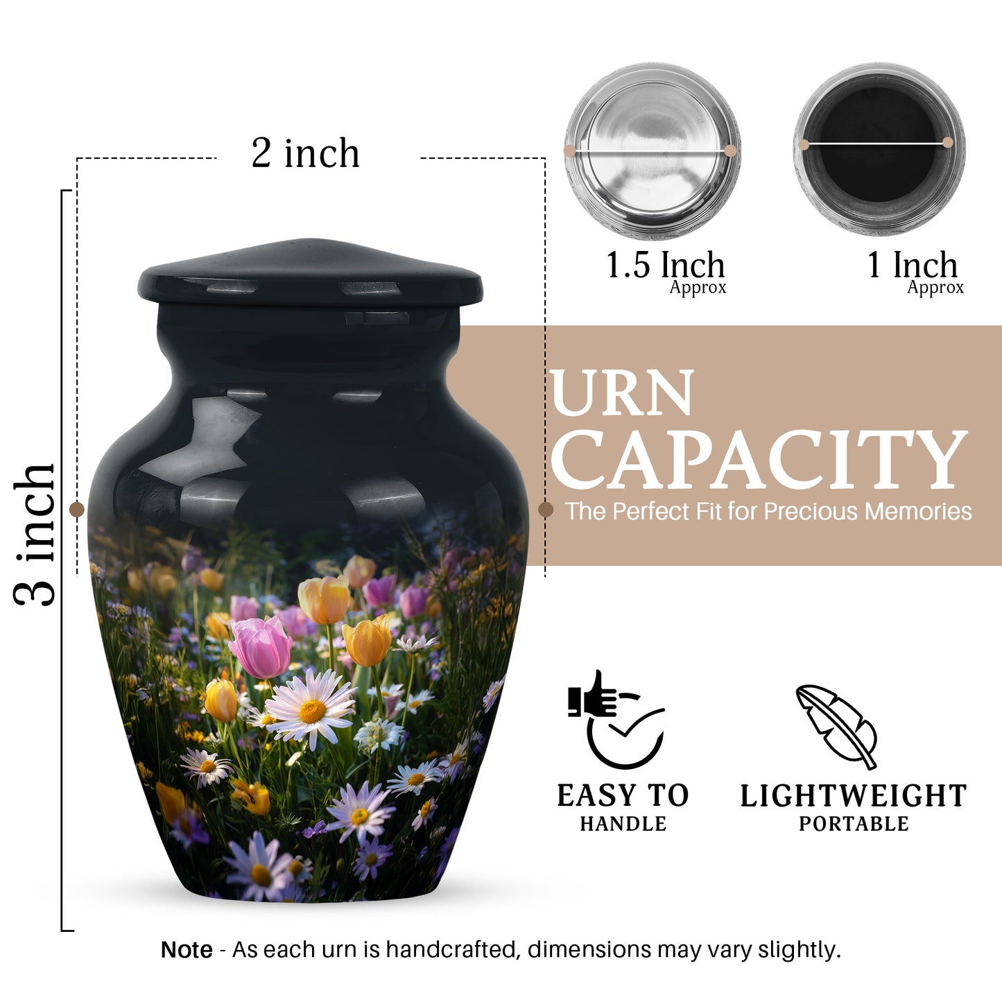 Midnight Black Garden Tulip Cremation Urn close-up of engraving and surface detail - elegant classic garden tulip relief with fine detailing - mini keepsake memorial for portion of cremation ashes