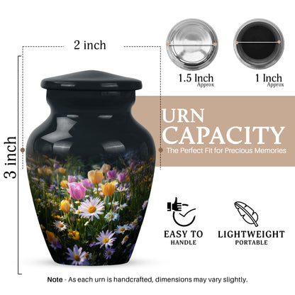 Midnight Black Garden Tulip Cremation Urn close-up of engraving and surface detail - elegant classic garden tulip relief with fine detailing - mini keepsake memorial for portion of cremation ashes