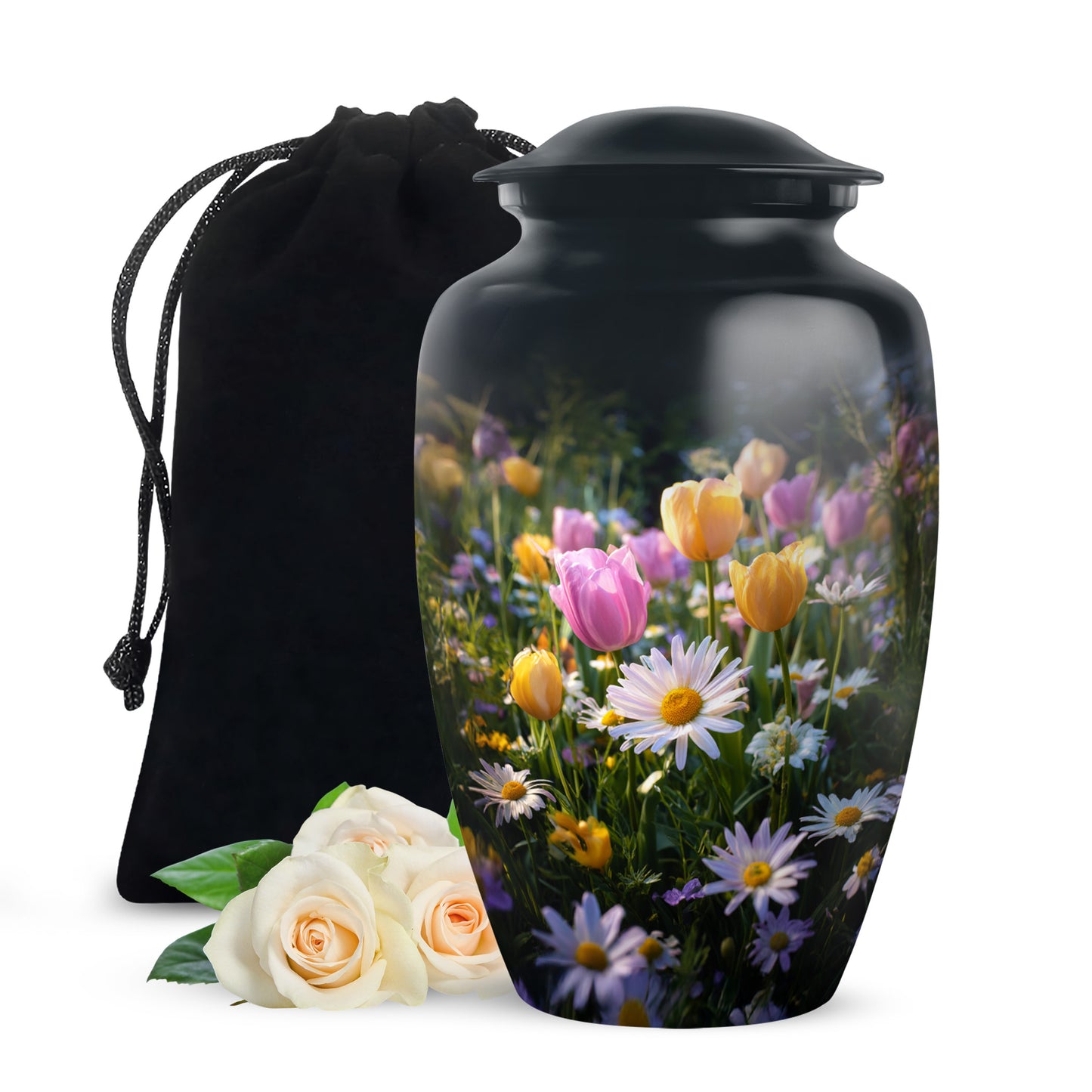 Dark Black Garden Tulip Cremation Urn angled view of lid and engraved motif - elegant classic garden tulip relief with fine detailing - full-size 10 inch 200 cubic inch adult cremation urn