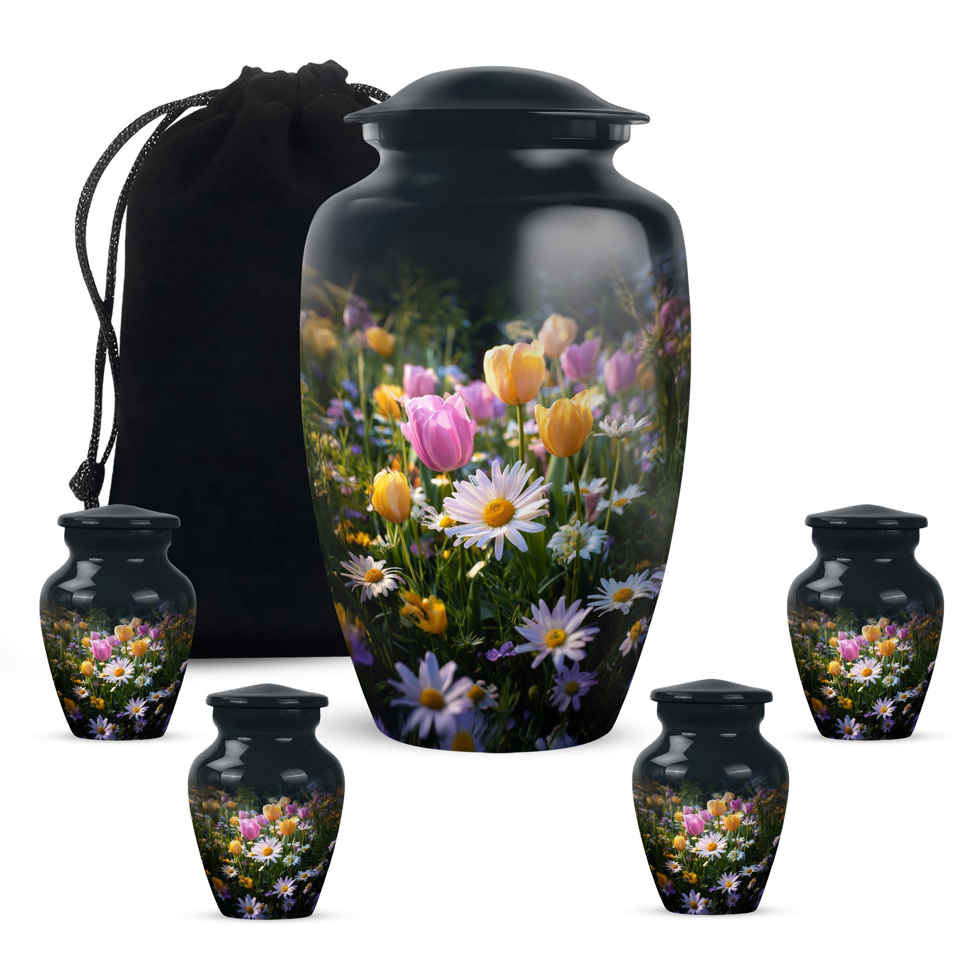 Rich Black Garden Tulip Cremation Urn top-down view of secure threaded lid - classic sculpted garden tulip pattern on smooth aluminum - memorial set with one large and four small urns