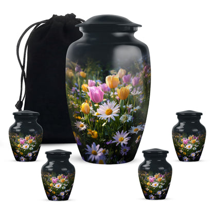 Rich Black Garden Tulip Cremation Urn top-down view of secure threaded lid - classic sculpted garden tulip pattern on smooth aluminum - memorial set with one large and four small urns