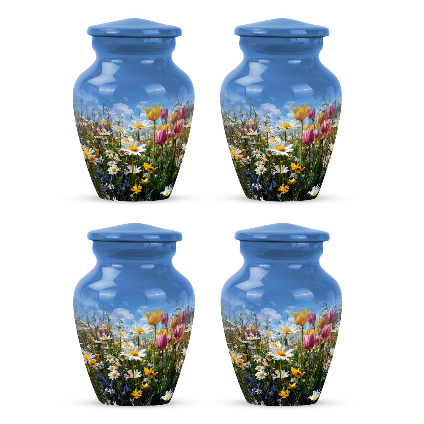 Indigo Garden Tulip Cremation Urn side profile showing urn shape - timeless garden tulip motif etched into premium metal - 10 inch aluminum urn for cremated remains