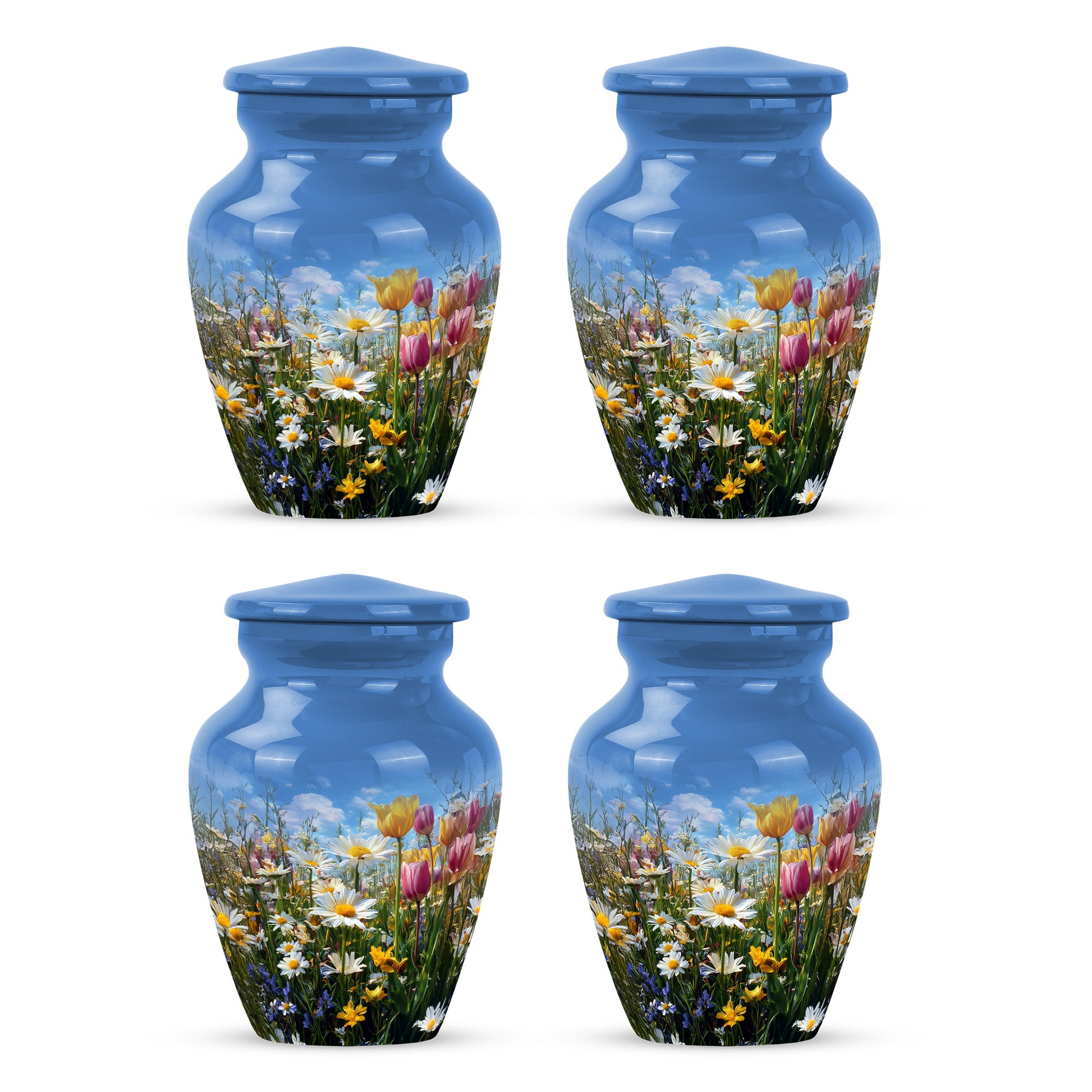 Indigo Garden Tulip Cremation Urn side profile showing urn shape - timeless garden tulip motif etched into premium metal - 10 inch aluminum urn for cremated remains