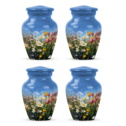 Indigo Garden Tulip Cremation Urn side profile showing urn shape - timeless garden tulip motif etched into premium metal - 10 inch aluminum urn for cremated remains