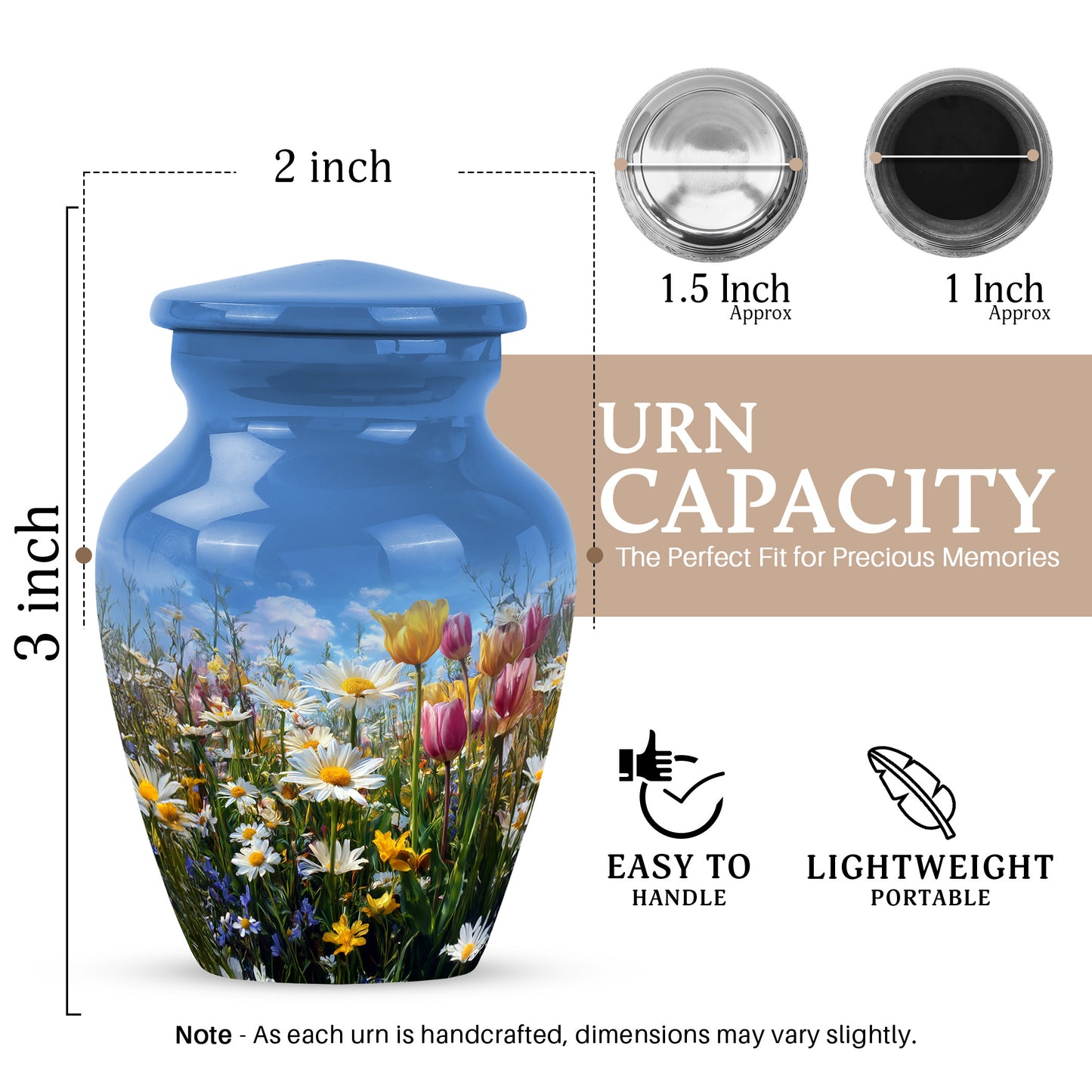 Pastel Blue Garden Tulip Cremation Urn close-up of engraving and surface detail - timeless garden tulip motif etched into premium metal - mini keepsake memorial for portion of cremation ashes