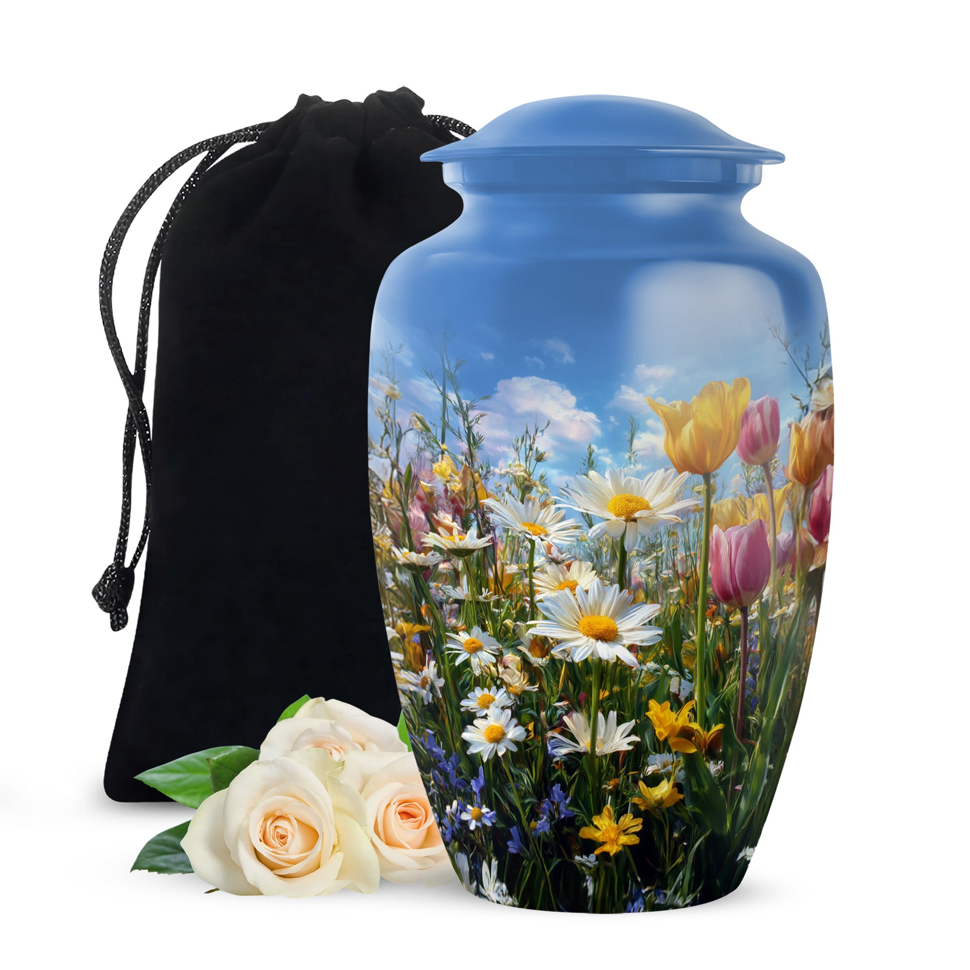 Pastel Blue Garden Tulip Cremation Urn angled view of lid and engraved motif - timeless garden tulip motif etched into premium metal - full-size 10 inch 200 cubic inch adult cremation urn