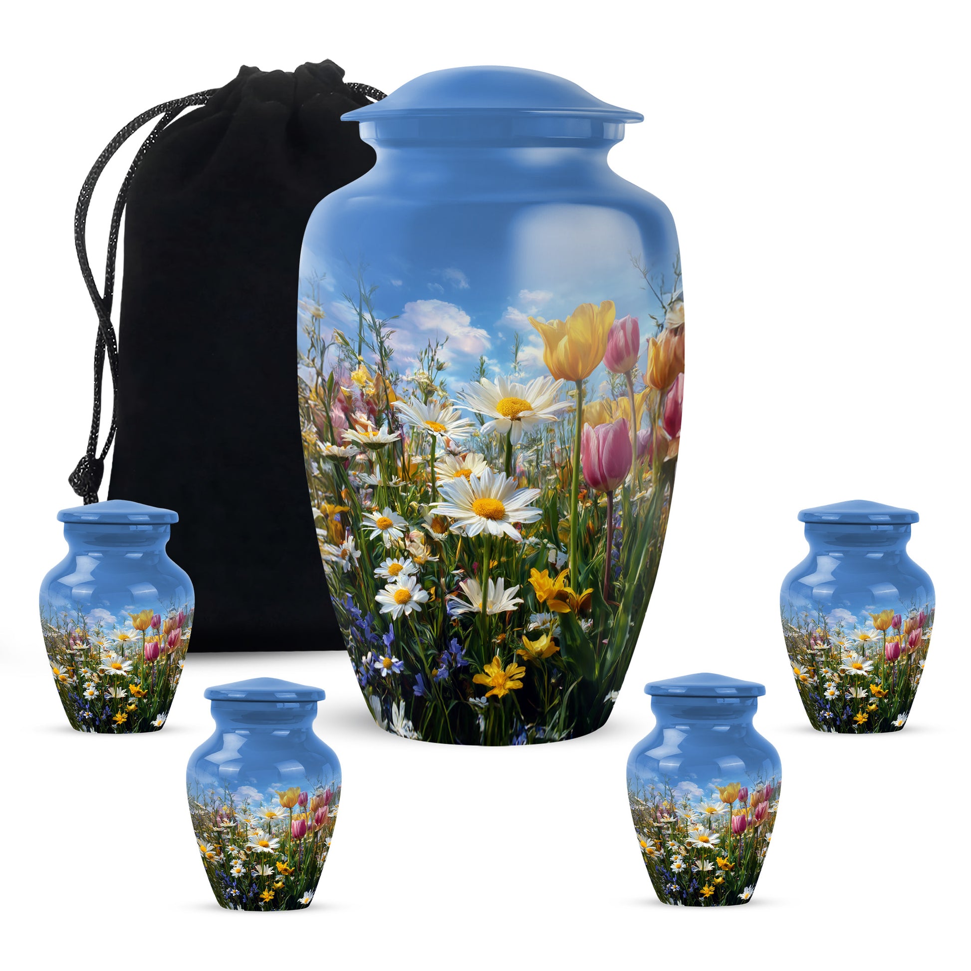 Royal Blue Garden Tulip Cremation Urn top-down view of secure threaded lid - elegant classic garden tulip relief with fine detailing - memorial set with one large and four small urns