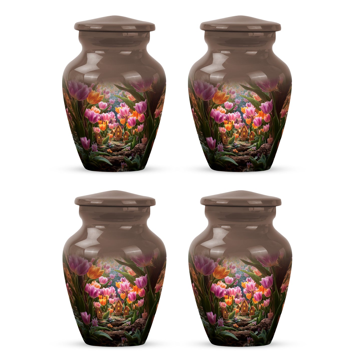 Harvest Gold Garden Tulip Cremation Urn side profile showing urn shape - traditional garden tulip engraving with hand-polished finish - 10 inch aluminum urn for cremated remains