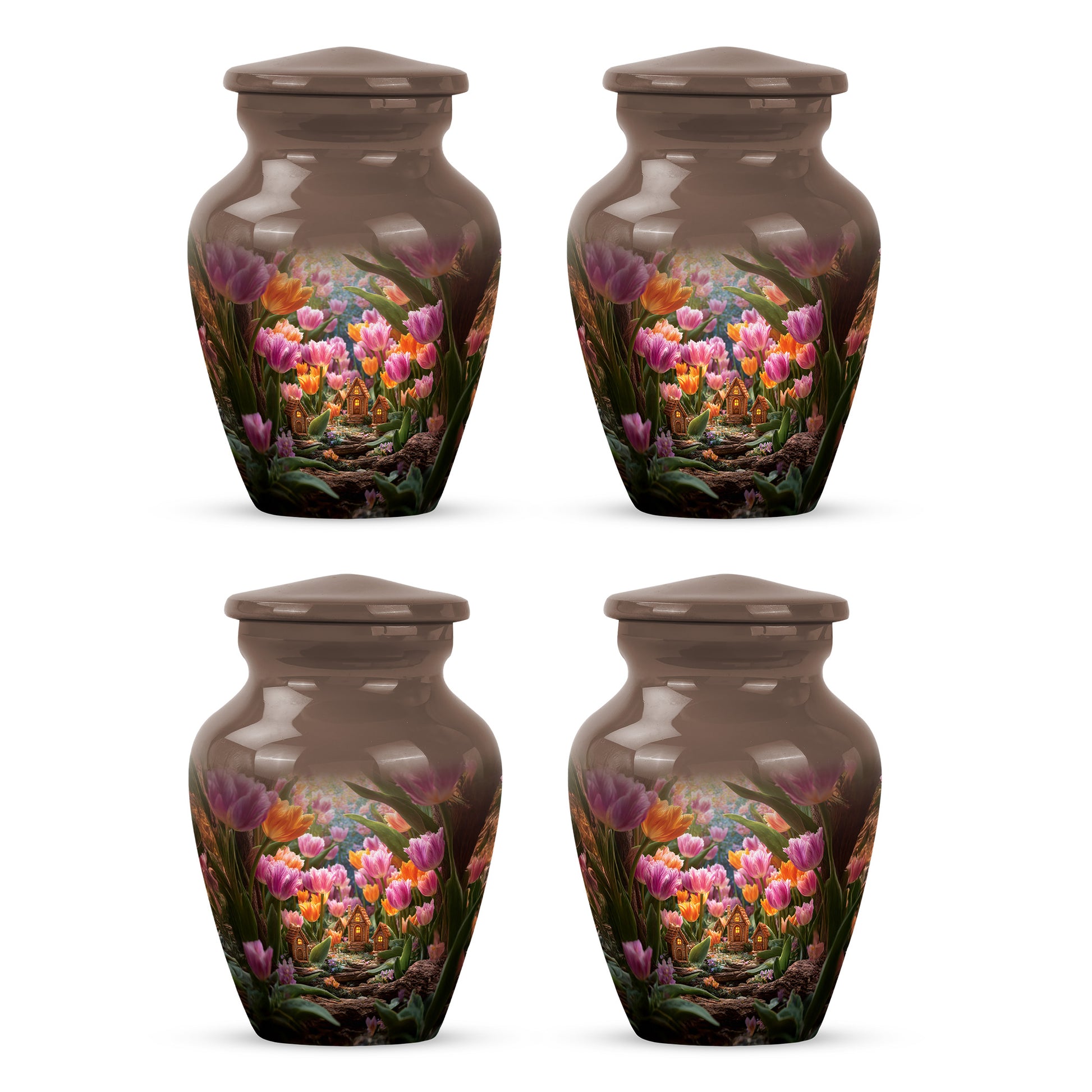 Harvest Gold Garden Tulip Cremation Urn side profile showing urn shape - traditional garden tulip engraving with hand-polished finish - 10 inch aluminum urn for cremated remains