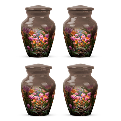 Harvest Gold Garden Tulip Cremation Urn side profile showing urn shape - traditional garden tulip engraving with hand-polished finish - 10 inch aluminum urn for cremated remains