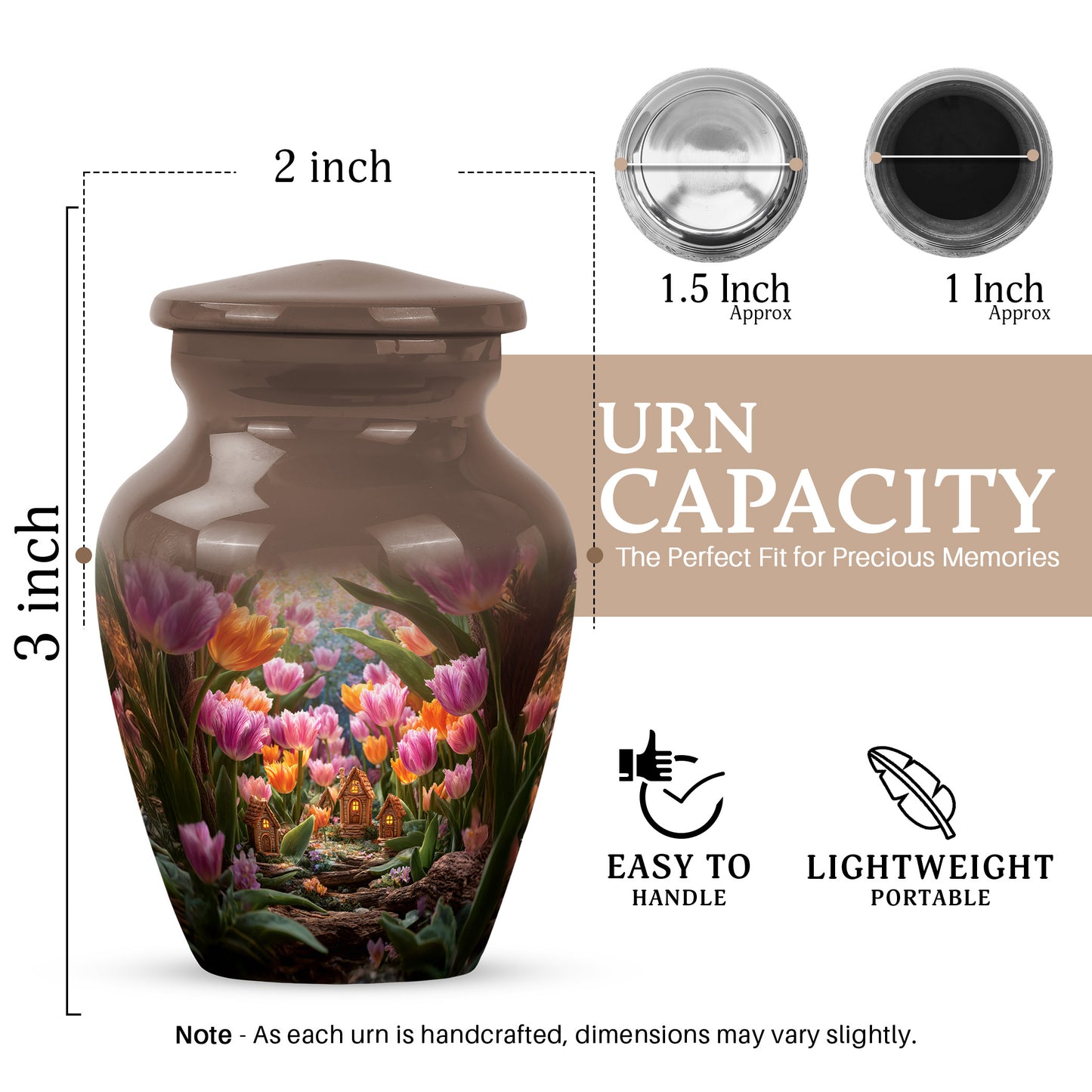 Antique Gold Garden Tulip Cremation Urn close-up of engraving and surface detail - classic sculpted garden tulip pattern on smooth aluminum - mini keepsake memorial for portion of cremation ashes