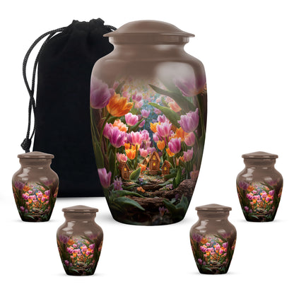 Sunrise Gold Garden Tulip Cremation Urn top-down view of secure threaded lid - timeless garden tulip motif etched into premium metal - memorial set with one large and four small urns