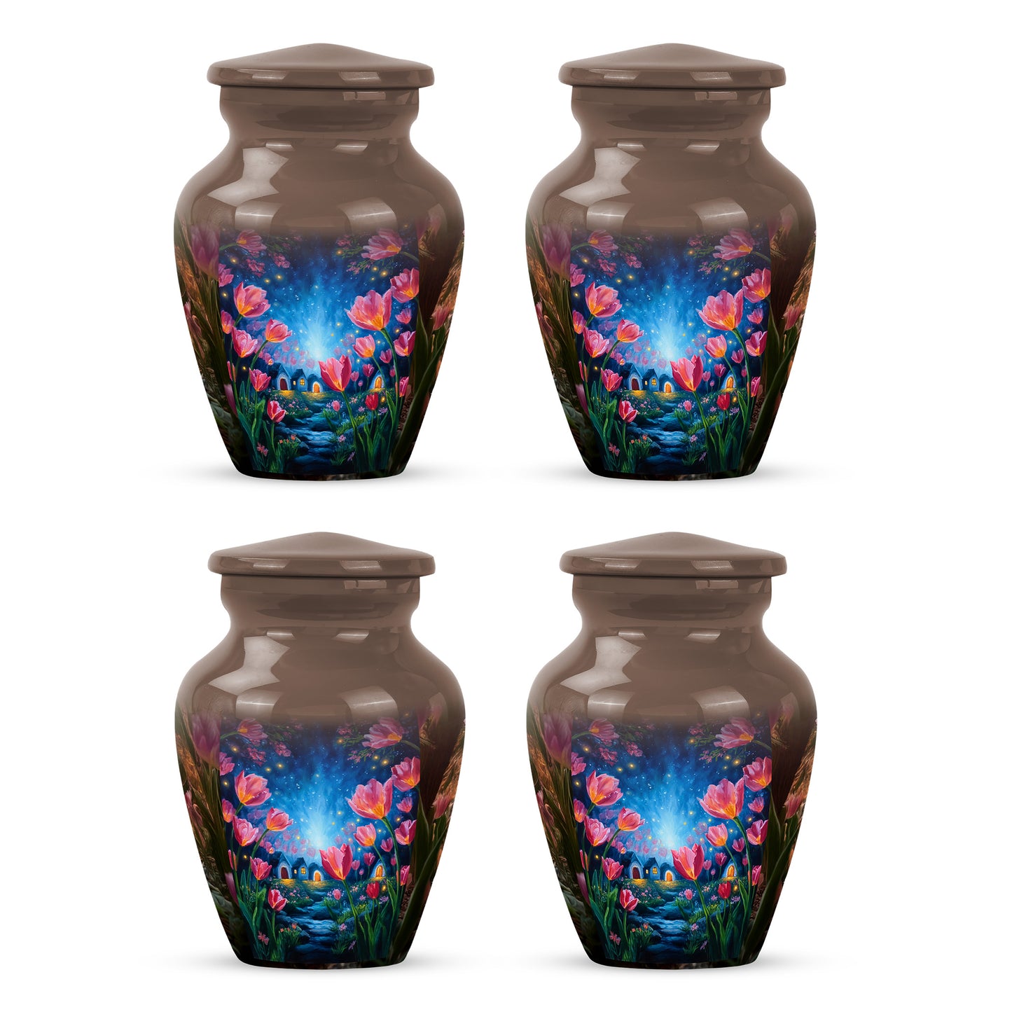 Warm Gold Garden Tulip Cremation Urn side profile showing urn shape - traditional garden tulip engraving with hand-polished finish - 10 inch aluminum urn for cremated remains