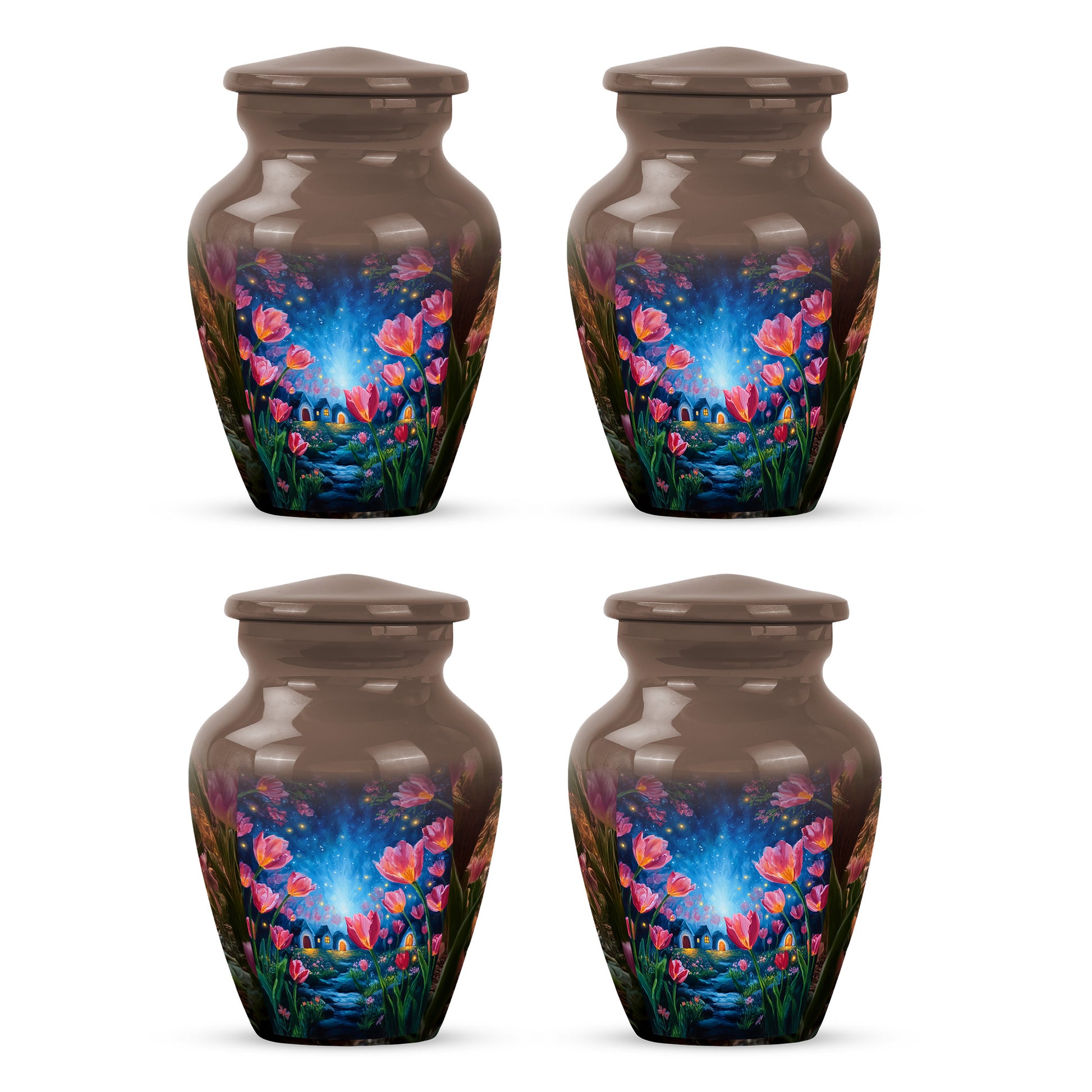 Warm Gold Garden Tulip Cremation Urn side profile showing urn shape - traditional garden tulip engraving with hand-polished finish - 10 inch aluminum urn for cremated remains