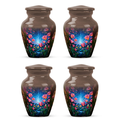 Warm Gold Garden Tulip Cremation Urn side profile showing urn shape - traditional garden tulip engraving with hand-polished finish - 10 inch aluminum urn for cremated remains