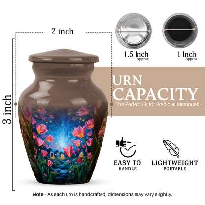 Sunrise Gold Garden Tulip Cremation Urn close-up of engraving and surface detail - classic sculpted garden tulip pattern on smooth aluminum - mini keepsake memorial for portion of cremation ashes