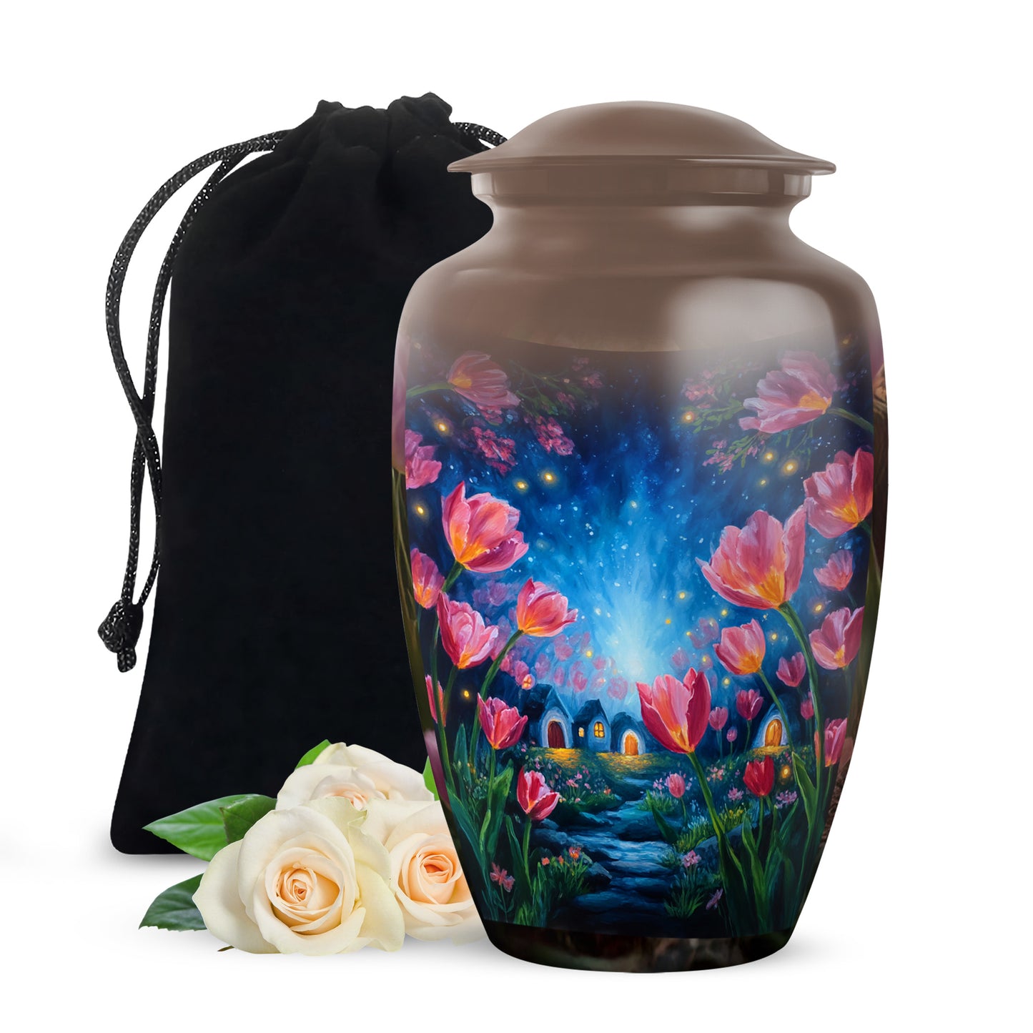 Champagne Gold Garden Tulip Cremation Urn angled view of lid and engraved motif - timeless garden tulip motif etched into premium metal - full-size 10 inch 200 cubic inch adult cremation urn