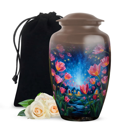 Champagne Gold Garden Tulip Cremation Urn angled view of lid and engraved motif - timeless garden tulip motif etched into premium metal - full-size 10 inch 200 cubic inch adult cremation urn
