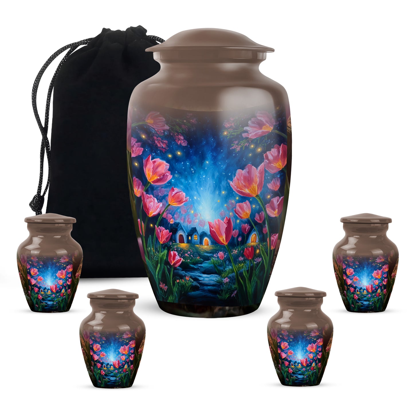 Royal Gold Garden Tulip Cremation Urn top-down view of secure threaded lid - traditional garden tulip engraving with hand-polished finish - memorial set with one large and four small urns