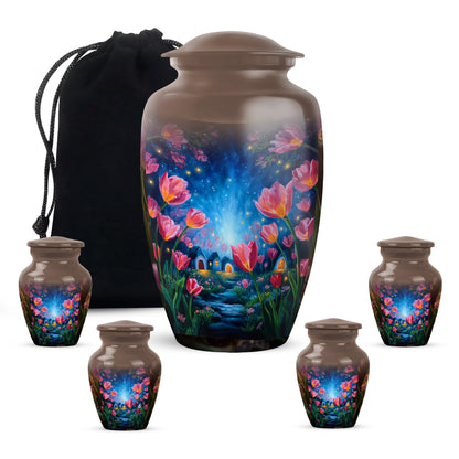 Royal Gold Garden Tulip Cremation Urn top-down view of secure threaded lid - traditional garden tulip engraving with hand-polished finish - memorial set with one large and four small urns