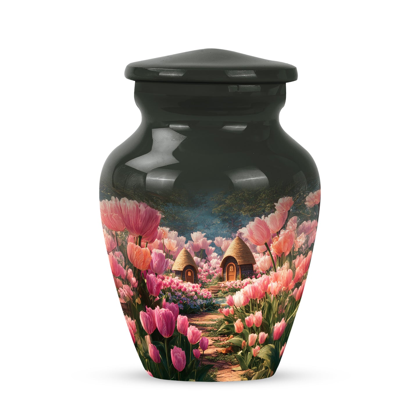 Black Resounding Garden Tulip Memorial Urn for Ashes - 10-inch, 200 cu in - Yatskia