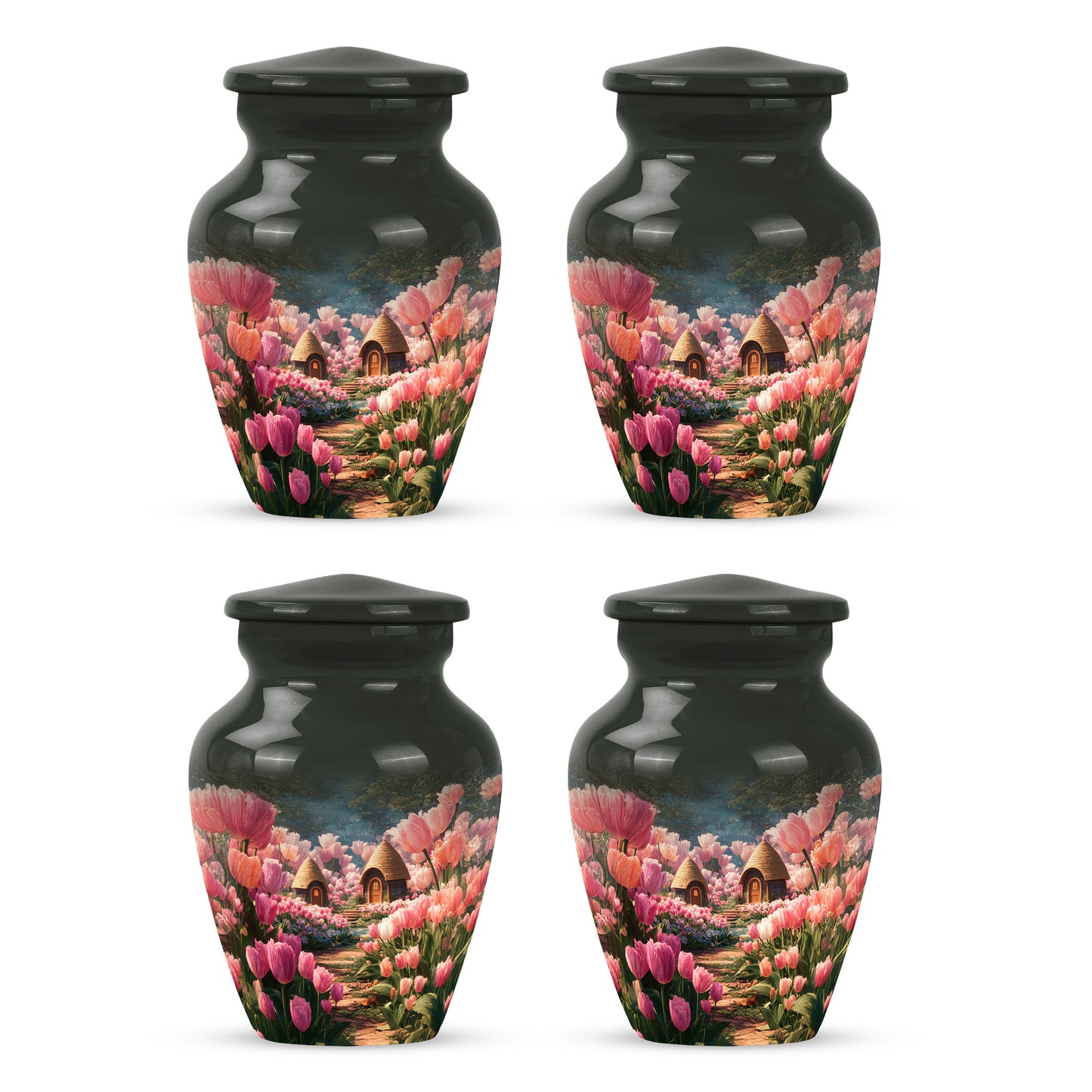 Obsidian Black Garden Tulip Cremation Urn side profile showing urn shape - elegant classic garden tulip relief with fine detailing - 10 inch aluminum urn for cremated remains