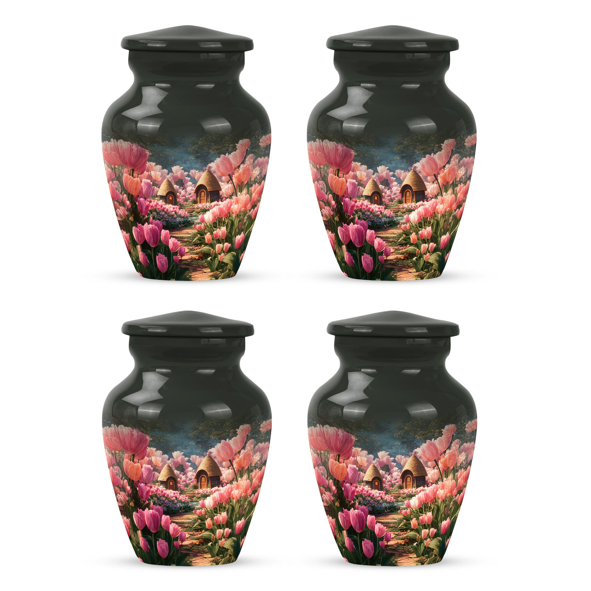 Obsidian Black Garden Tulip Cremation Urn side profile showing urn shape - elegant classic garden tulip relief with fine detailing - 10 inch aluminum urn for cremated remains