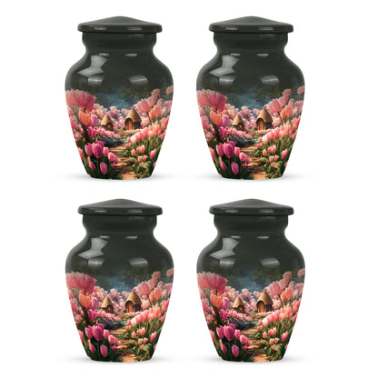 Obsidian Black Garden Tulip Cremation Urn side profile showing urn shape - elegant classic garden tulip relief with fine detailing - 10 inch aluminum urn for cremated remains