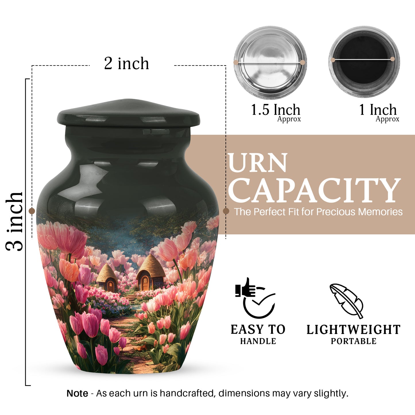 Rich Black Garden Tulip Cremation Urn close-up of engraving and surface detail - classic sculpted garden tulip pattern on smooth aluminum - mini keepsake memorial for portion of cremation ashes