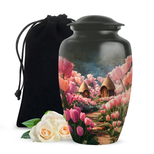 Charcoal Black Garden Tulip Cremation Urn angled view of lid and engraved motif - traditional garden tulip engraving with hand-polished finish - full-size 10 inch 200 cubic inch adult cremation urn