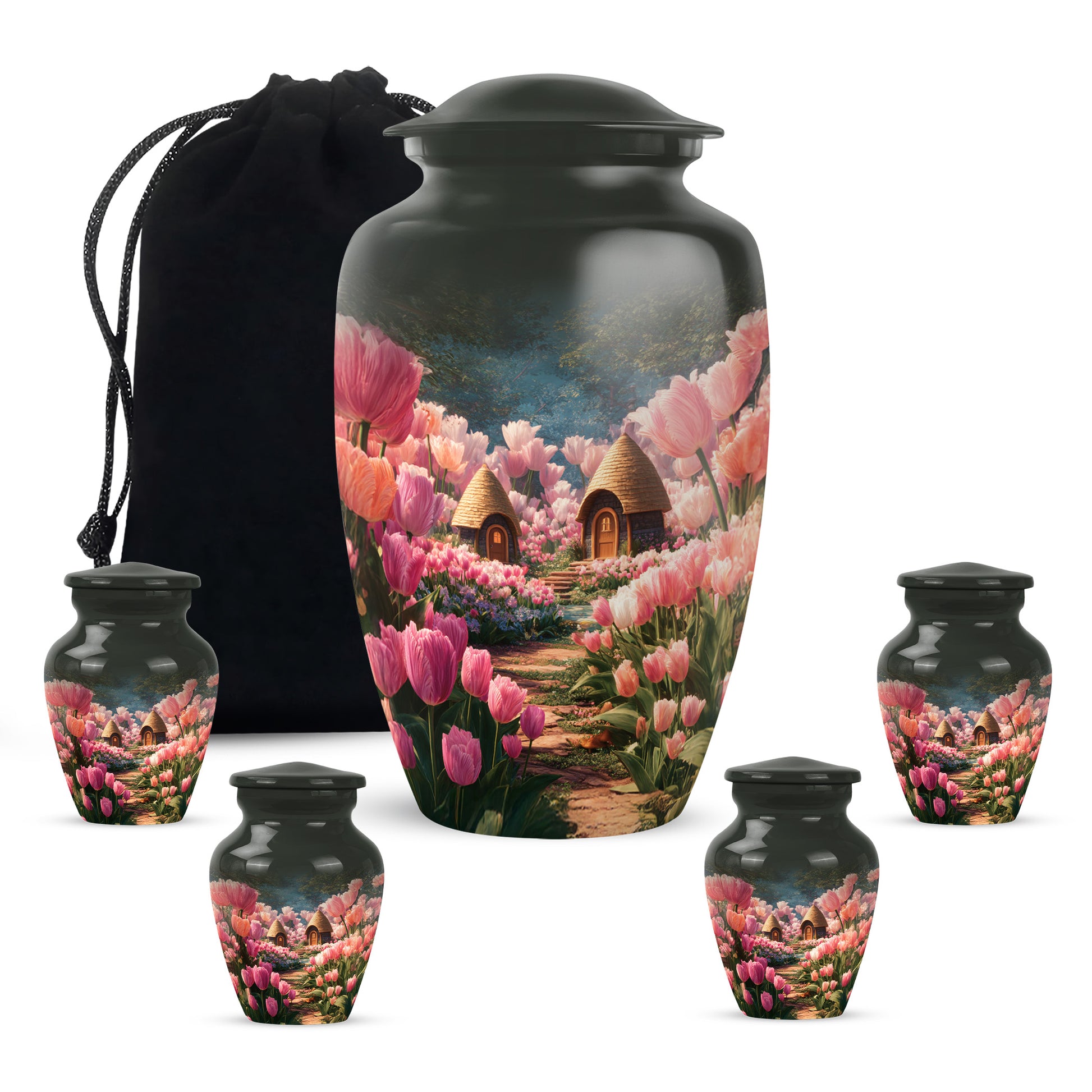 Jet Black Garden Tulip Cremation Urn top-down view of secure threaded lid - timeless garden tulip motif etched into premium metal - memorial set with one large and four small urns