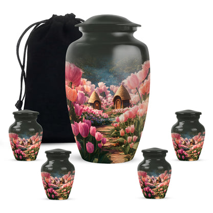 Jet Black Garden Tulip Cremation Urn top-down view of secure threaded lid - timeless garden tulip motif etched into premium metal - memorial set with one large and four small urns