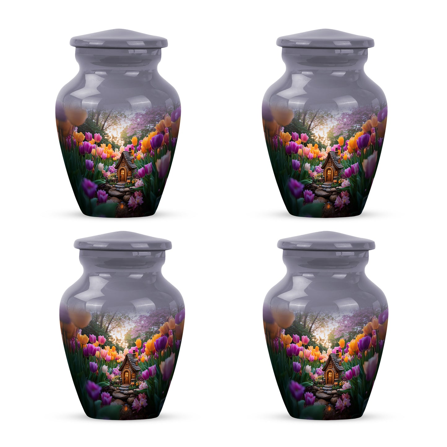 Pewter Gray Garden Tulip Cremation Urn side profile showing urn shape - timeless garden tulip motif etched into premium metal - 10 inch aluminum urn for cremated remains