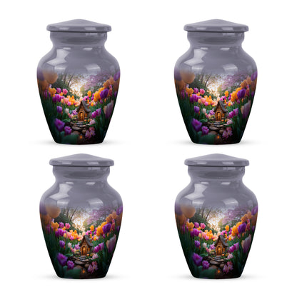Pewter Gray Garden Tulip Cremation Urn side profile showing urn shape - timeless garden tulip motif etched into premium metal - 10 inch aluminum urn for cremated remains