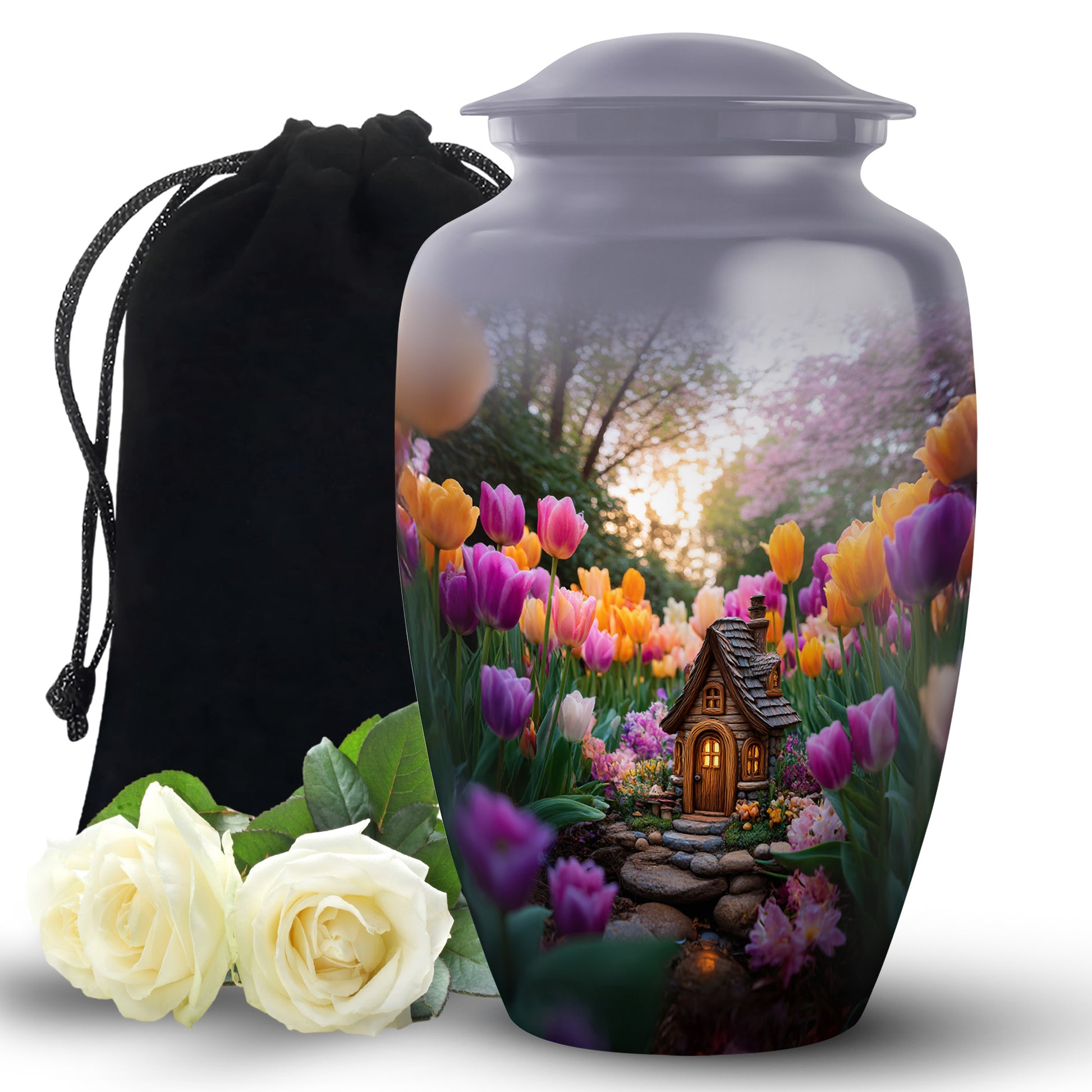 Pewter Gray Garden Tulip Cremation Urn angled view of lid and engraved motif - classic sculpted garden tulip pattern on smooth aluminum - full-size 10 inch 200 cubic inch adult cremation urn